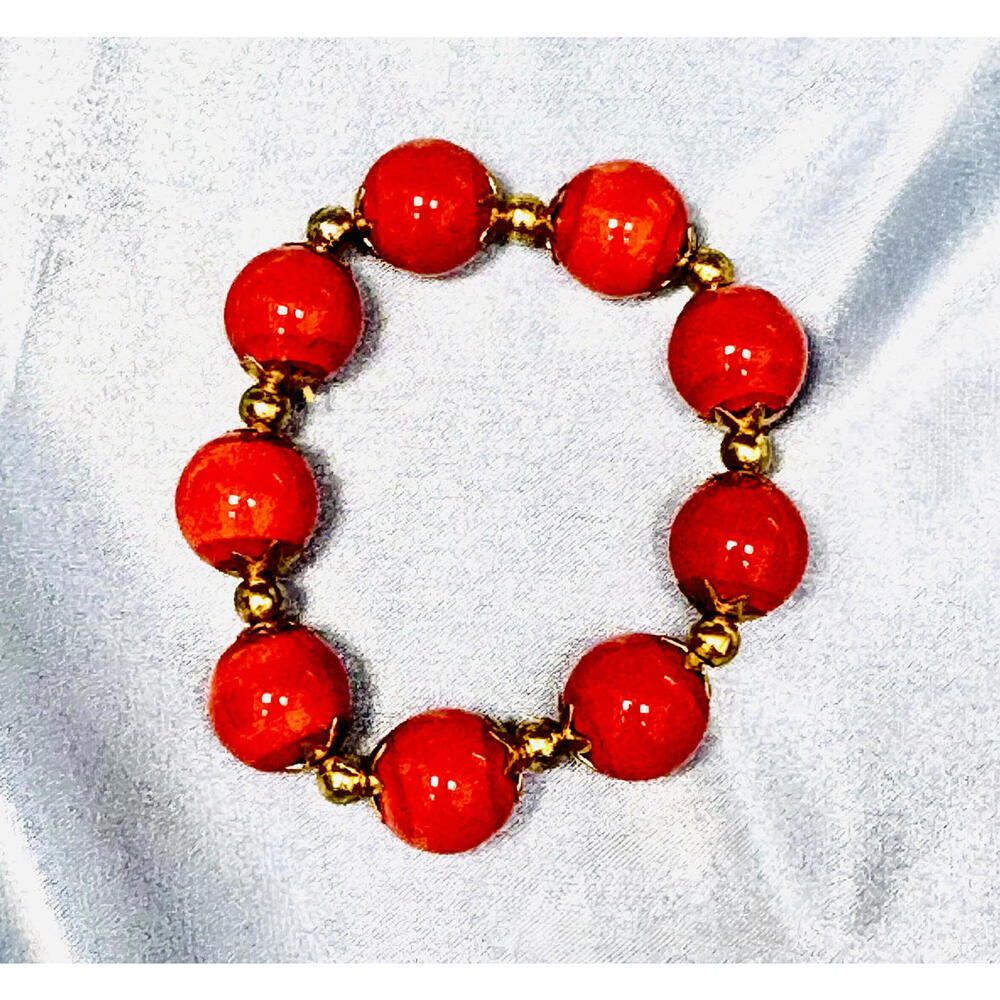 Polished Red Agate Stone Beads with GoldTone Beads Expanding Bracelet